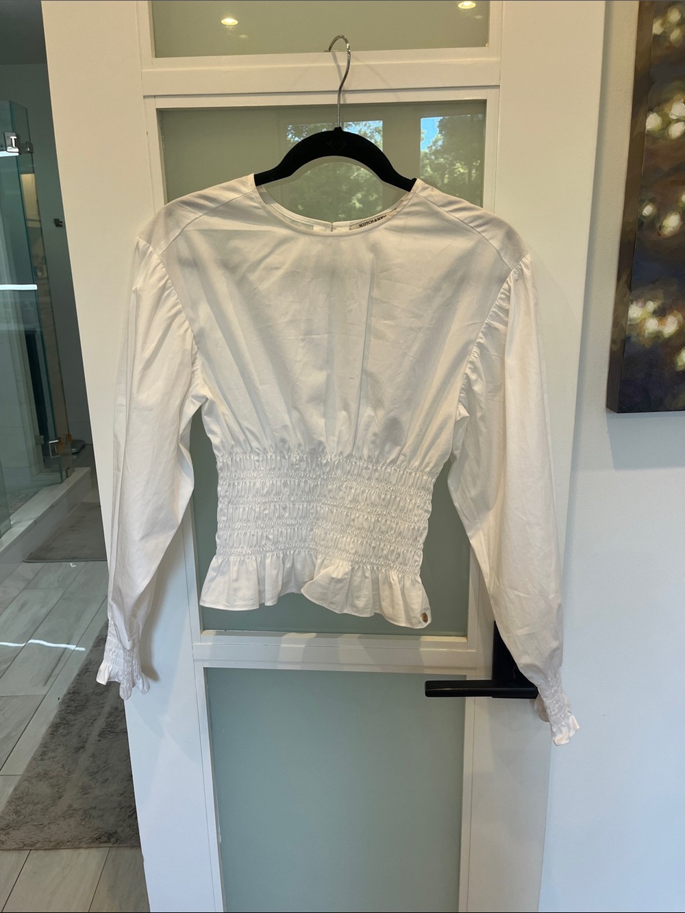 Scotch & Soda White Smocked-Waist Long Sleeve Blouse